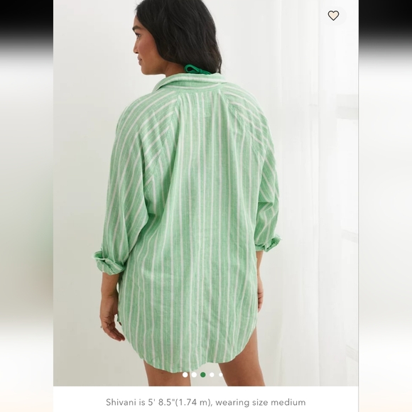 Aerie Linen Green Striped Button-Down Cover-up S - Picture 2 of 10